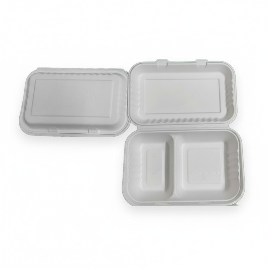 EcoPrime 10x6 inch 2-compartment bagasse clamshell