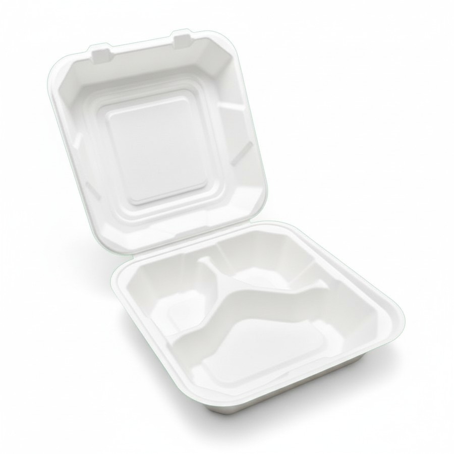 EcoPrime 8x8 inch 3-compartment bagasse clamshell
