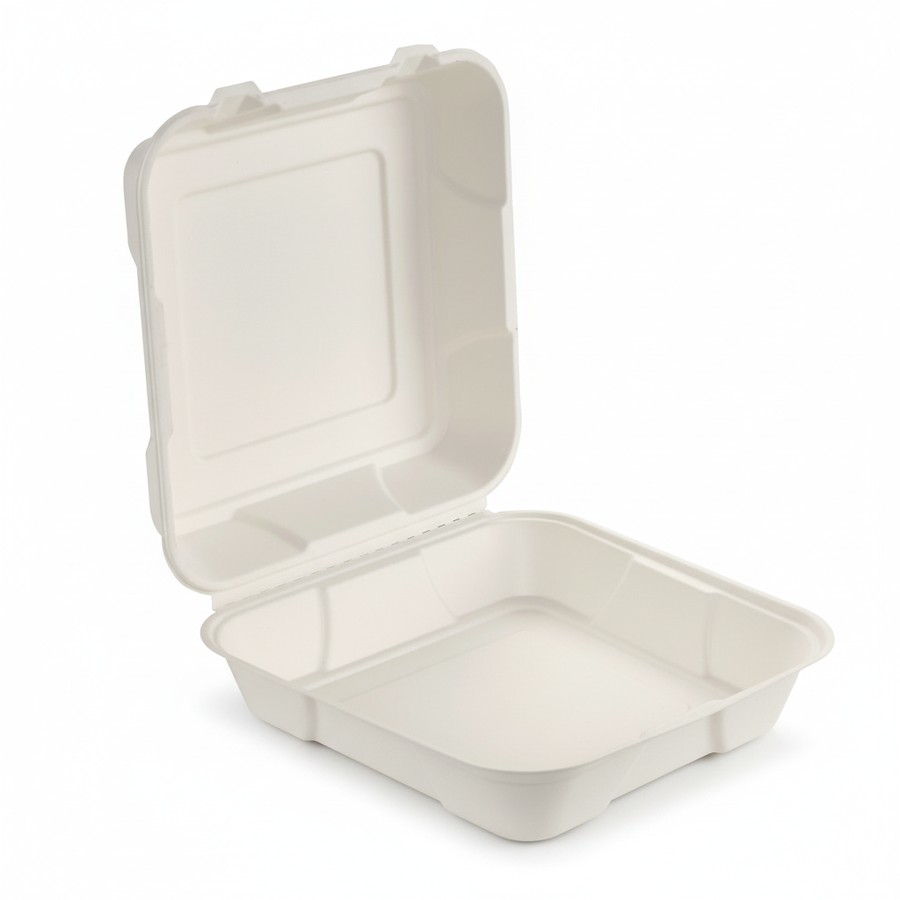 EcoPrimé compostable bagasse clamshell takeaway container
