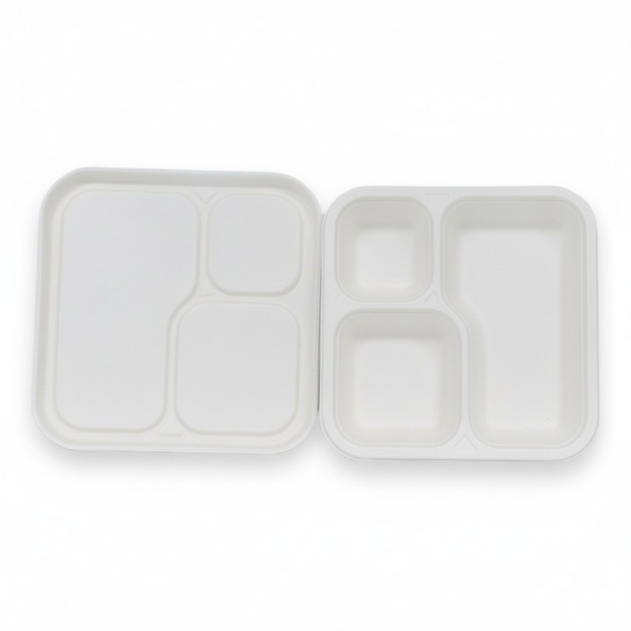 EcoPrime 3-compartment bagasse meal tray with matching lid