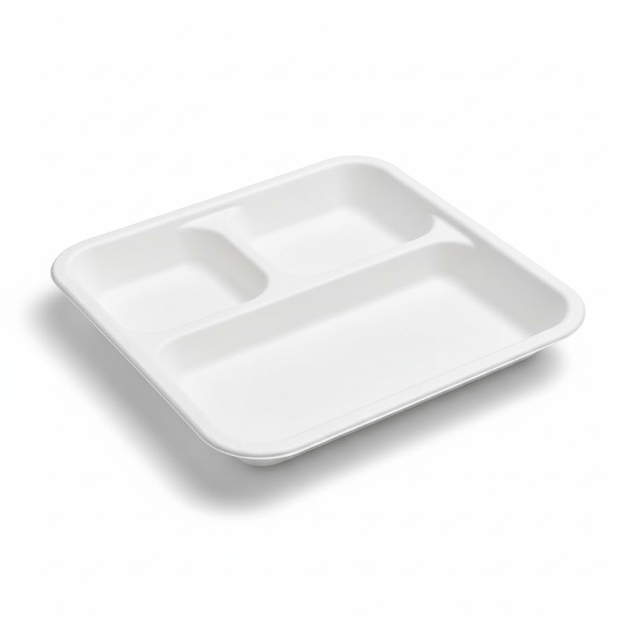 EcoPrime 3-compartment square bagasse meal tray