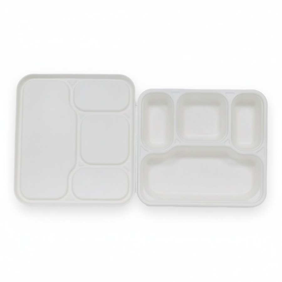 EcoPrime 4-compartment bagasse meal tray with matching lid