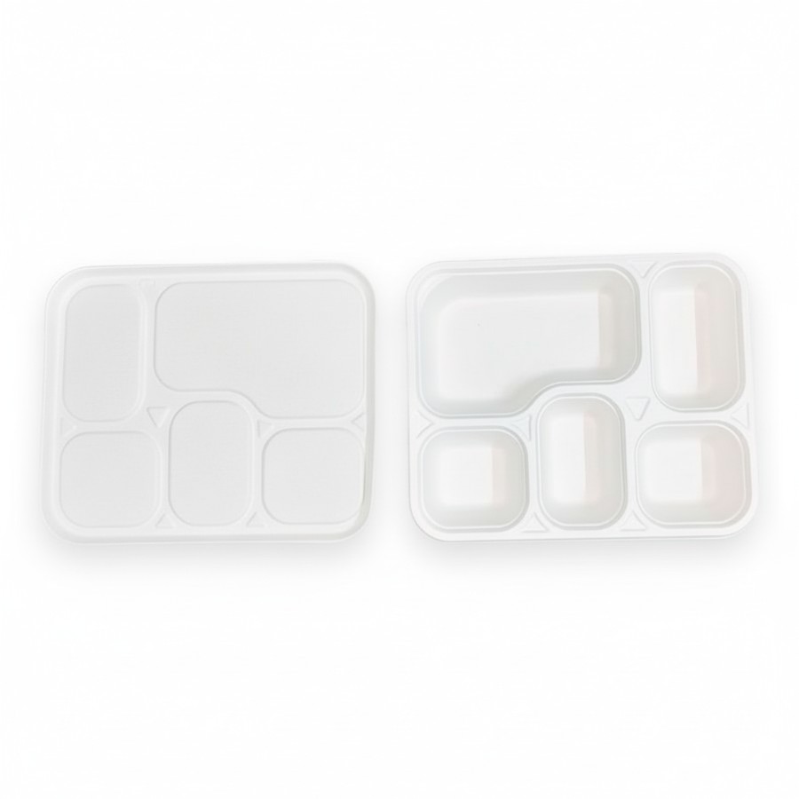 EcoPrimé 5-compartment compostable bagasse meal tray with its matching lid
