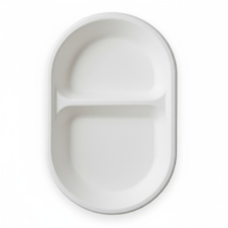 EcoPrime 8 inch 2-compartment oval compostable bagasse plate