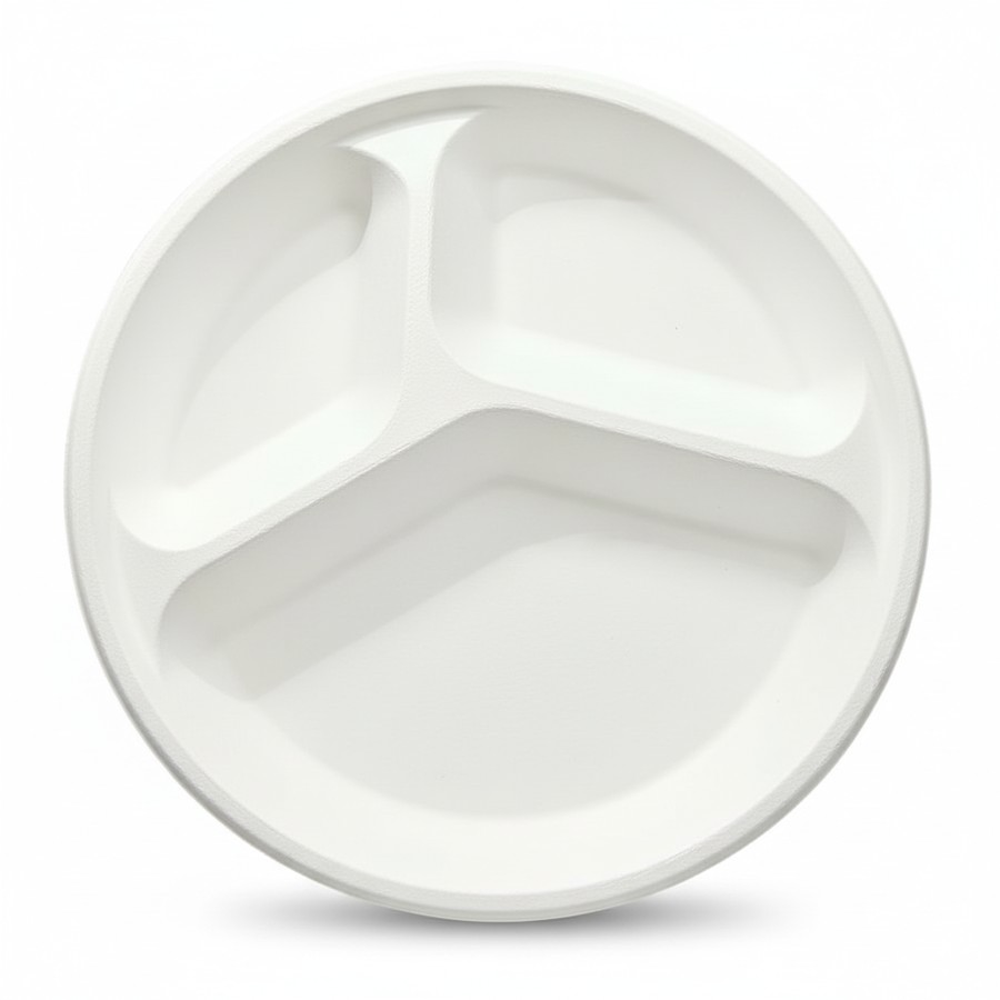 EcoPrime 10 inch 3-compartment deep round compostable bagasse plate