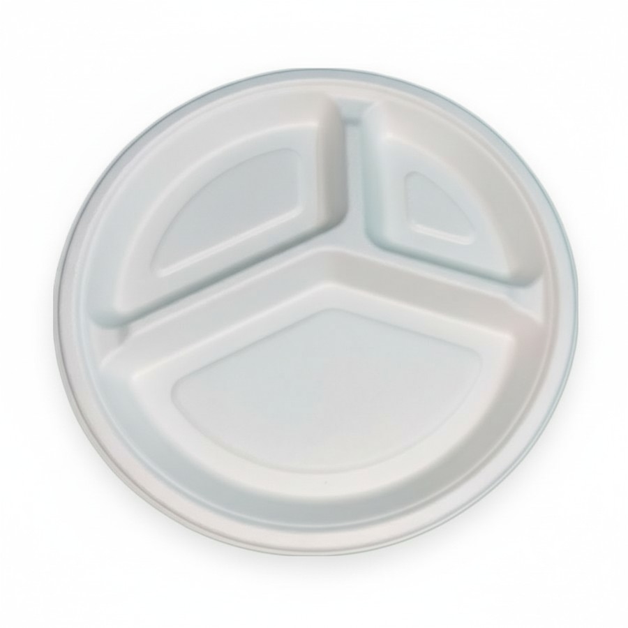 EcoPrimé 9 inch 3-compartment compostable bagasse plate