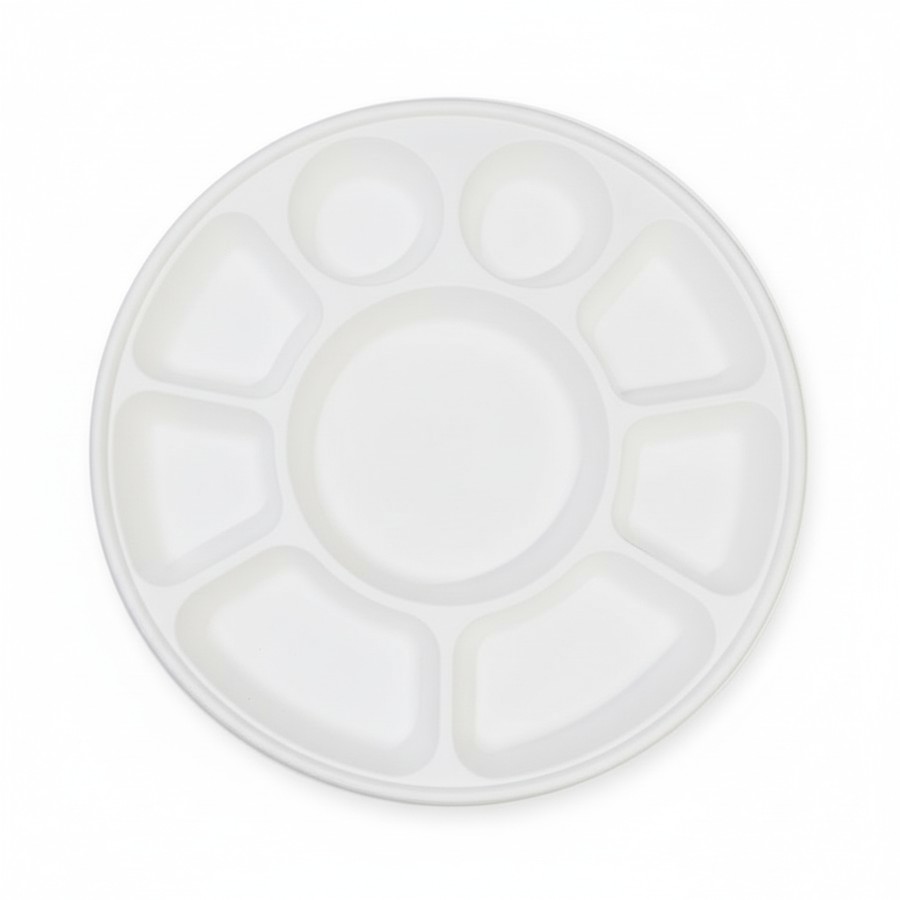 EcoPrime 9-compartment round compostable bagasse thali plate