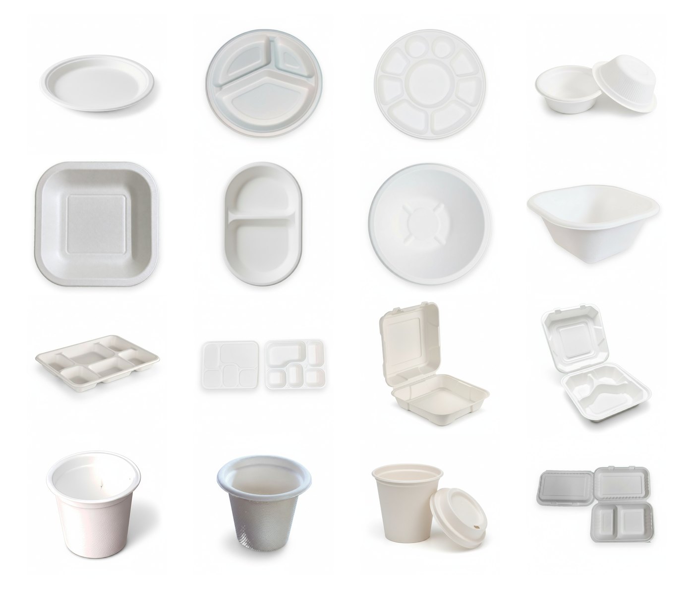 EcoPrimé compostable bagasse tableware range — plates, compartment plates, bowls, meal trays, clamshells, cups and lids